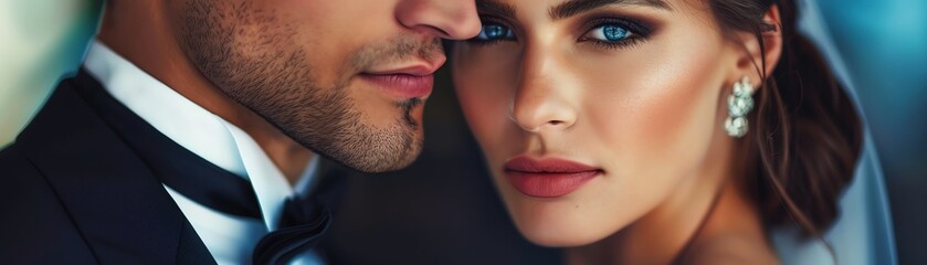 Fototapeta premium Elegant couple in formal attire, poised and glamorous, closeup