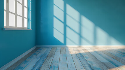 Empty room with blue wall and wooden floor