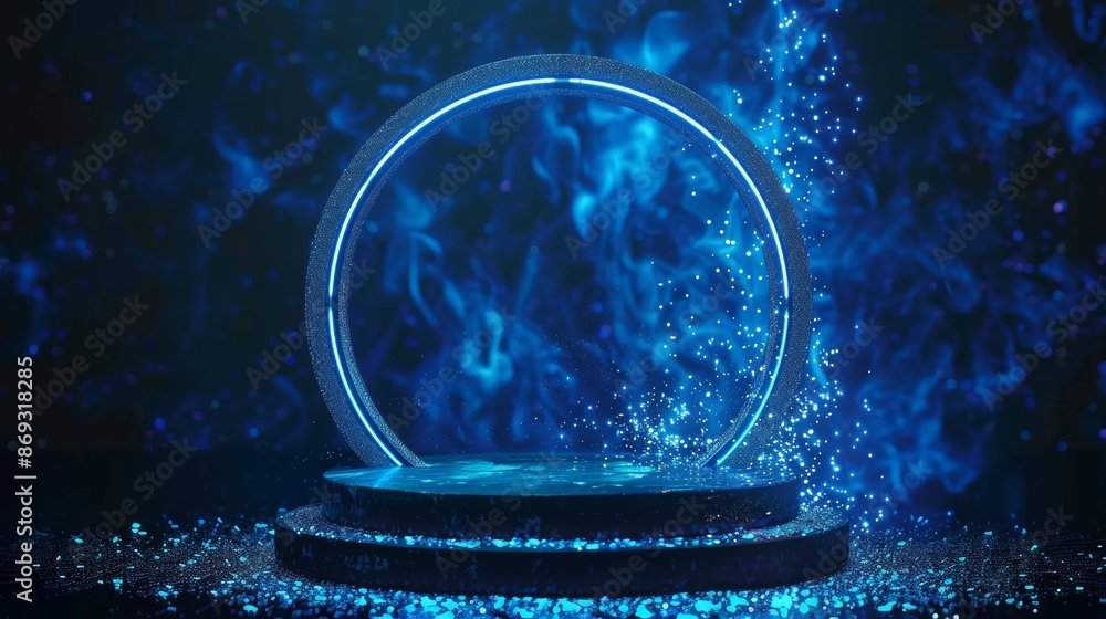 Poster angular light frame, futuristic teleporter. light effect of an empty podium. png file. blue neon lig