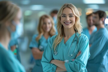 Smiling Female Nurse With Stethoscope in Hospital Setting