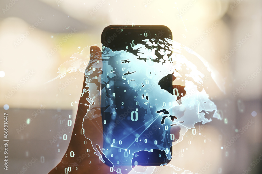 Aufkleber multi exposure of abstract graphic coding sketch with world map and hand with mobile phone on backgr