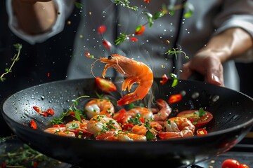 Fresh Shrimp Sizzling in a Pan with Chefs Hand