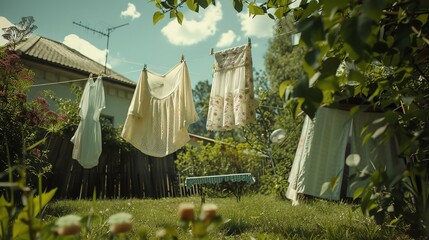 Halfwashed clothes hanging on a line, wife diligently scrubbing only part of her wardrobe in a picturesque backyard