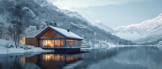 Fototapeta premium Modern lakeside cabin with large windows, surrounded by snowy mountains, warm interior lights glowing