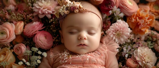 Peaceful baby in pink, surrounded by flowers, wearing a floral headband, asleep