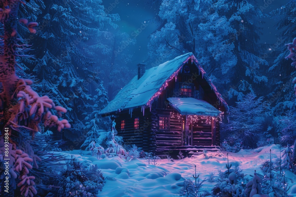 Poster Cozy cabin surrounded by snow-covered trees, lit up at night