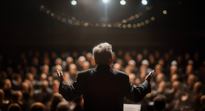 Musician leads a choir during a concert in a cathedral. Musical rehearsals before the concert during Christmas period. Life of musicians, classic holy music. Orchestra, applause, open arms, back view.