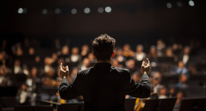 Musician leads a choir during a concert in a cathedral. Musical rehearsals before the concert during Christmas period. Life of musicians, classic holy music. Orchestra, applause, open arms, back view.