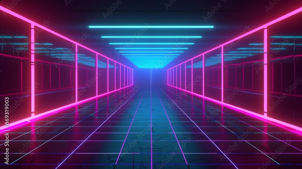 Poster animated 3d retro neon blue abstract background with laser lines. synthwave grid videogame style. fu