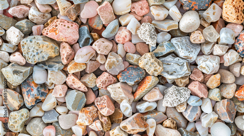 Poster colorful pebbles and rocks texture the background in a top view. the background features different c