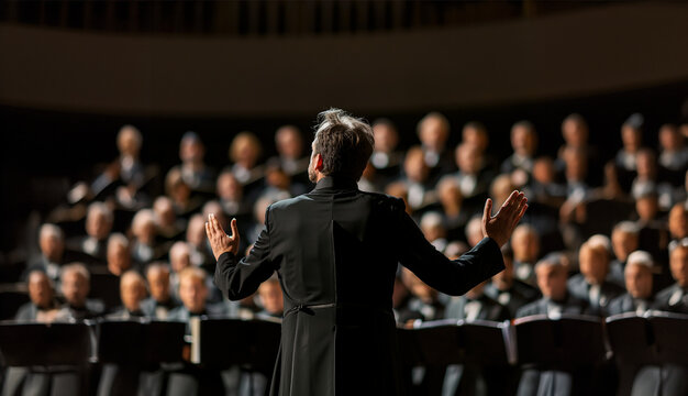 Musician leads a choir during a concert in a cathedral. Musical rehearsals before the concert during Christmas period. Life of musicians, classic holy music. Orchestra, applause, open arms, back view.