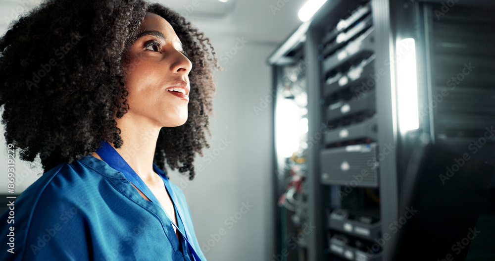 Aufkleber Laptop, server room and technician with solution for network maintenance, planning or problem solving. Technology, data center and woman on database for thinking, cyber security or cloud computing