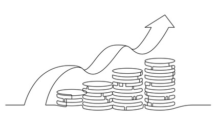 coins stack with flow and high up arrows savings and achievement concept continuous one line drawing. financial planning and retirement metaphor vector illustration