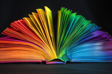 Rainbow-colored book on dark background. Accessibility of literature for everyone