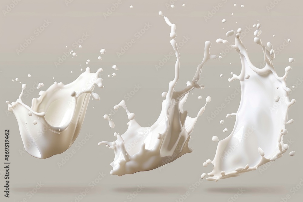 Poster A drop of milk splashed onto a white surface, creating a small puddle and ripples