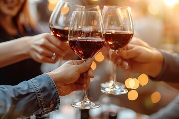 Friends Toasting Red Wine Glasses Celebration Festive Dinner Party