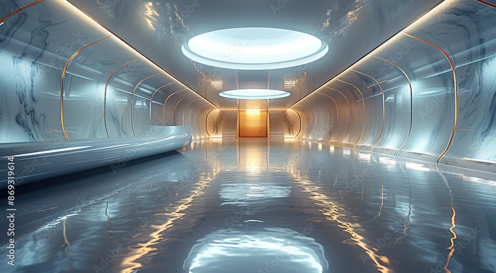 Poster a futuristic minimalist interior, smooth metallic walls and floors, reflecting soft ambient light. g