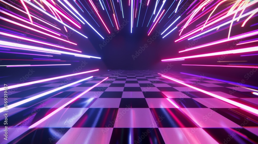 Poster future technology neon light background, empty space with reflection light on floor scene, abstract 