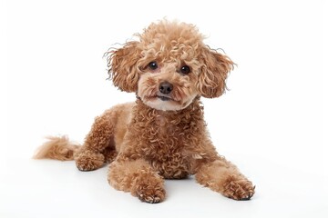 Flossy fluffy portrait smile Puppy dog Poodle looking at camera isolated on clear png background.