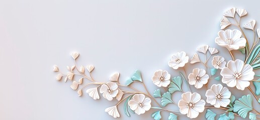 elegant wallpaper design with white flowers and pastel green leaves with golden tree branches on white background