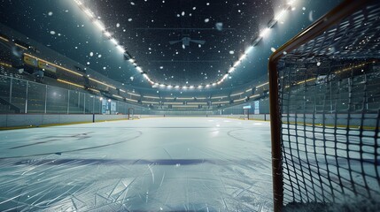 hockey rink in a stadium, featuring the ice surface and goal area under bright lights