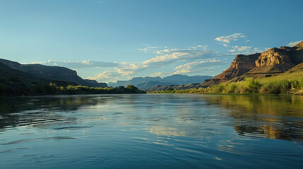 Naklejka premium river with clean water and mountain background landscape scene.