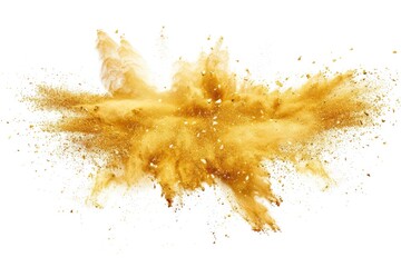 The explosion of golden gusts accompanied by shiny glitter is isolated on white background, glowing shiny light splashing and flowing, a fun celebration element.