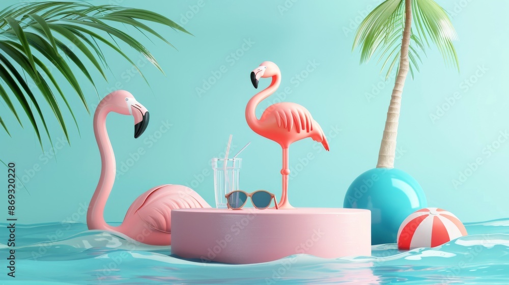 Poster render of a minimal summer background with an empty podium or pedestal platform to show a product, c