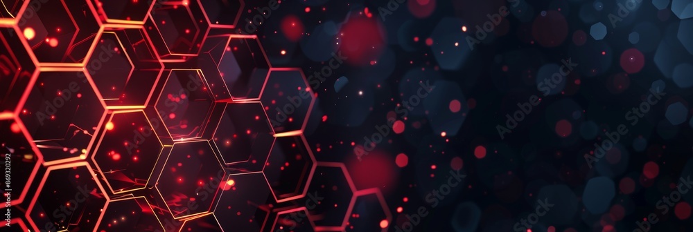 Poster with hexagons and blurred bokeh, a futuristic technology interface is pictured in red