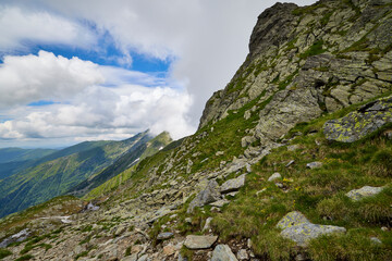 Landscape with the Fagarasi mountains in Romania on a summer day.