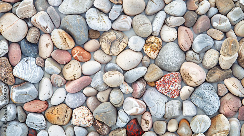 Aufkleber colorful pebbles and rocks texture the background in a top view. the background features different c