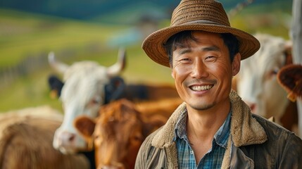 Fototapeta premium A cheerful Korean farmer smiling brightly, standing in front of a cattle at farmland. Generative AI.