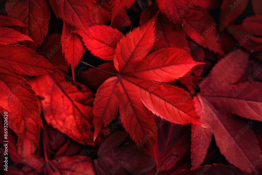 Poster A close-up image of a bunch of red autumn leaves, great for use in fall-themed designs or as a decorative element