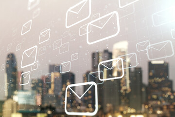 Abstract virtual postal envelopes hologram on blurry skyscrapers background, email and notification concept. Multiexposure