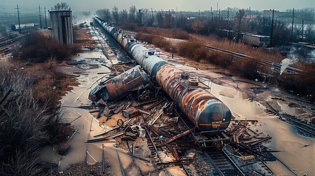 A train derailment and accident with train wagons broken. Generative AI.