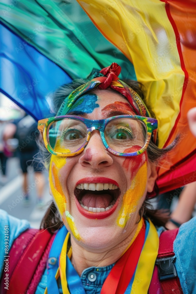 Aufkleber A woman wearing a colorful rainbow hat and glasses, suitable for use in illustrations or designs where a unique and playful touch is needed