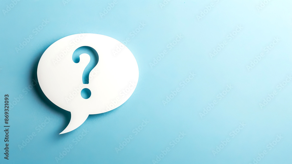 Poster speech bubble with a question mark on a light blue background. represents queries or uncertainty.