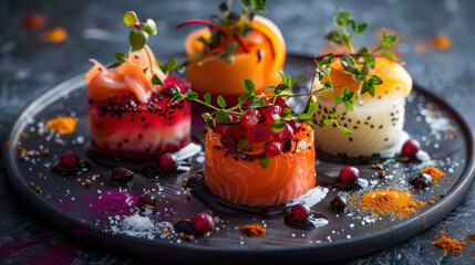 Gourmet appetizers with salmon, tuna and vegetables being served on a slate plate
