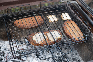 Outdoor Grilling Fish Steaks on Open Fire