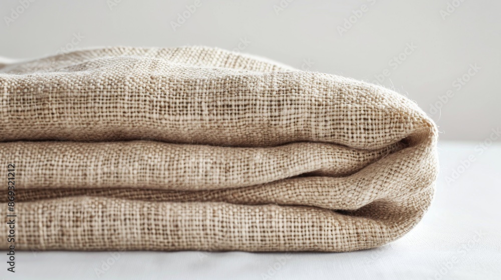 Poster a stack of burlock cloth sitting on a white table