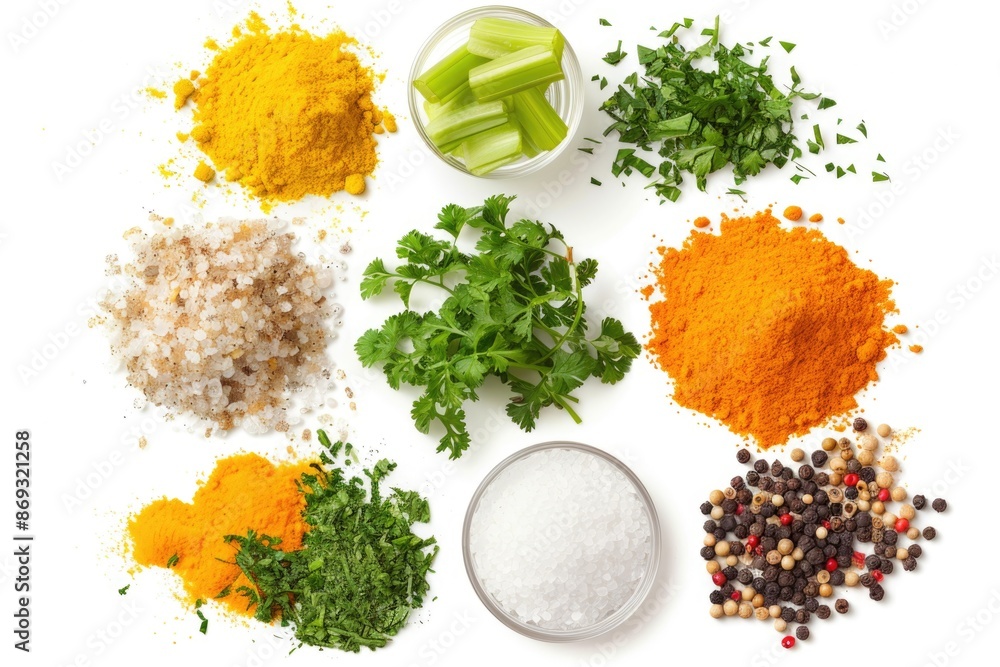 Poster A white table with different types of spices displayed