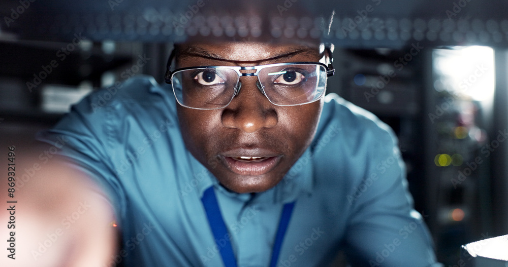 Aufkleber Technology, serious and portrait of man with cybersecurity to prevent hacking, scam or phishing. Fraud, data protection and African coder with mistake, crisis or cloud computing for troubleshooting.