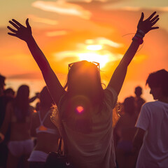Silhouette of a woman raising her arms at a music festival during a beautiful sunset