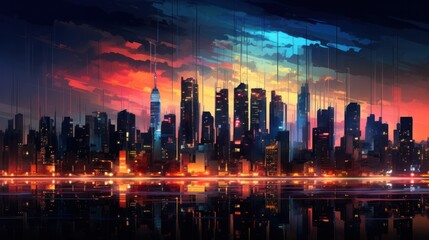 Modern city at sunset. Retrowave.