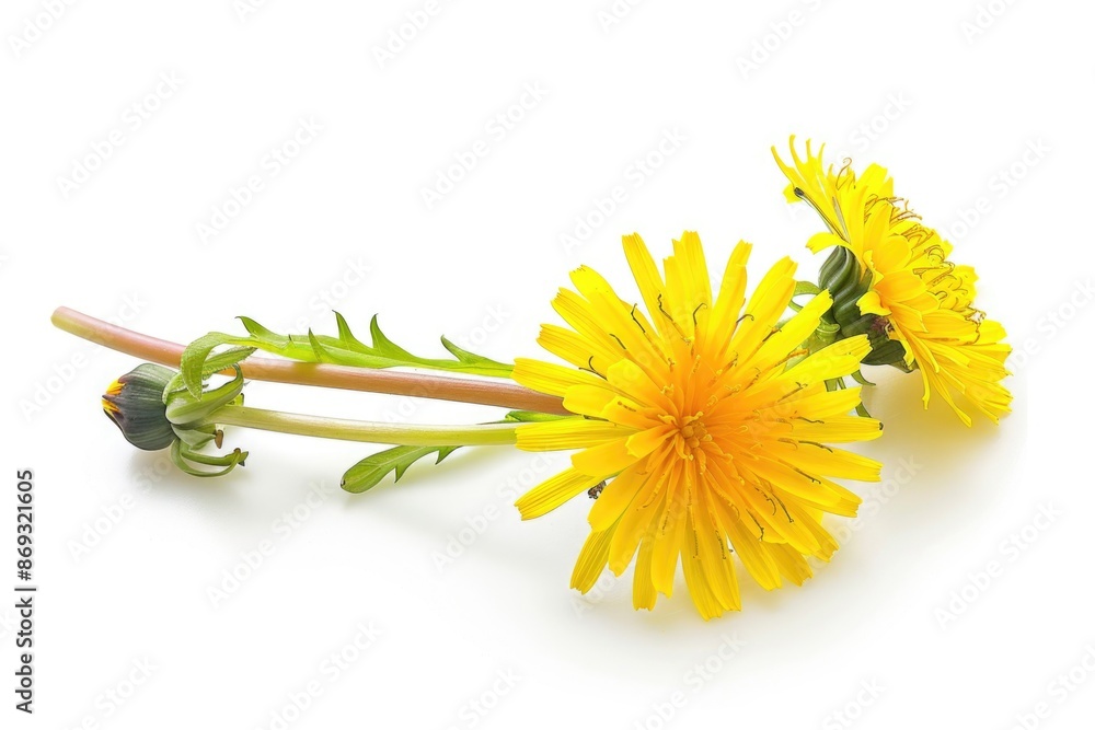 Aufkleber Close-up view of two bright yellow flowers resting on a white background, ideal for use in designs requiring a pop of color and simplicity