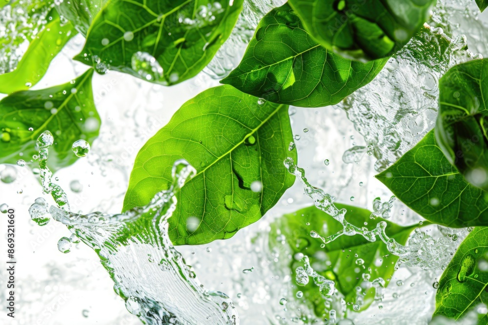 Poster a detailed view of a single green leaf floating in water, great for illustrating nature or environme