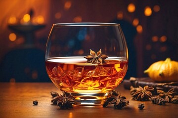 Armagnac: A glass of Armagnac with a star anise, on a reflective glass table.