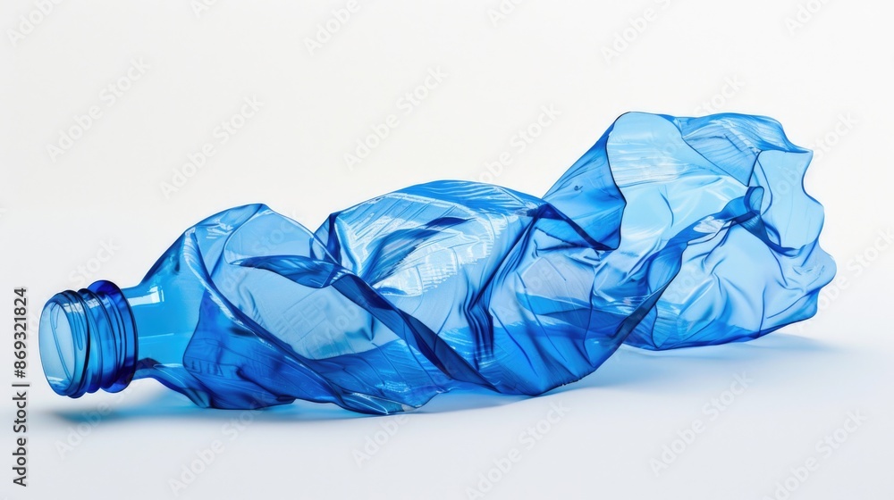 Poster a blue plastic bottle on a white surface, suitable for use as a still life image or in designs relat