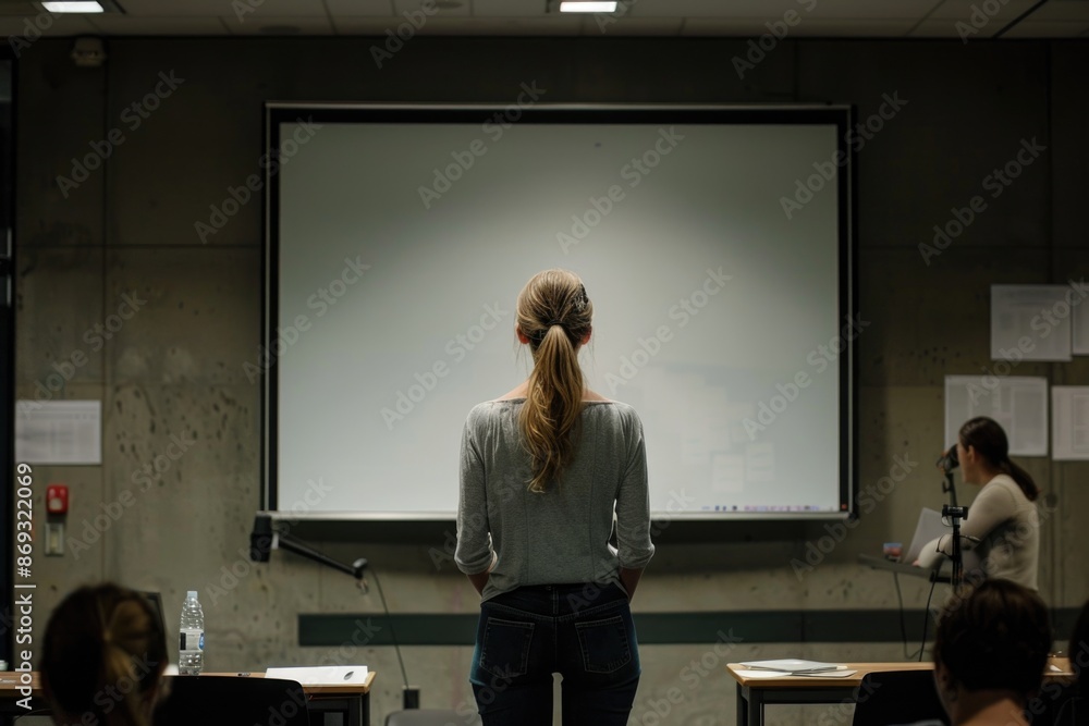 Poster A woman stands in front of a projector screen, providing an informative and straightforward description without any creative additions