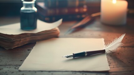 Vintage Writing Setup with Inkwell, Pen, and Feather